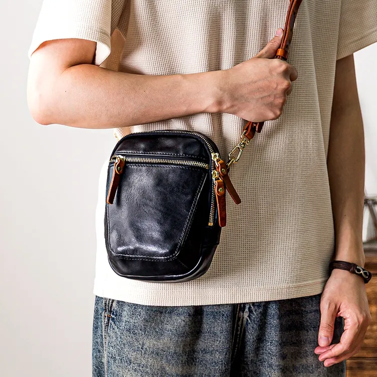 后步原创男士复古小包真皮单肩斜挎手机包腰包撞色植鞣牛皮休闲包