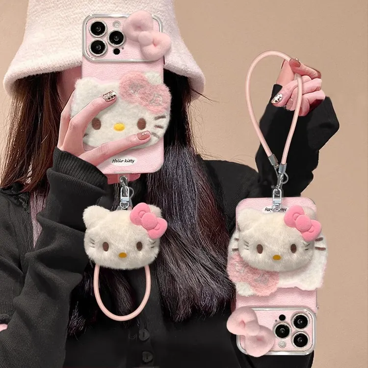 毛绒猫咪蝴蝶结挂绳适用iphone15苹果16大视窗手机壳14/13/12新款