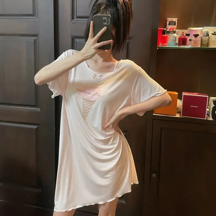 日系冰激凌短袖睡裙女春夏季大码舒适睡衣轻薄少女卡通甜美家居服