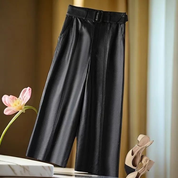 【海宁】（无拼接）牛皮秋冬垂感直筒阔腿裤腰带款高品质高腰时尚气质
