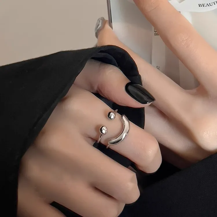 晴天笑脸简约戒指开口小众设计百搭指环个性食指尾戒子