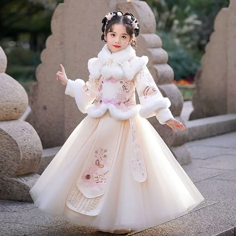 汉服女童冬季儿童超仙古风套装连衣裙2025新款唐装加厚古装拜年服