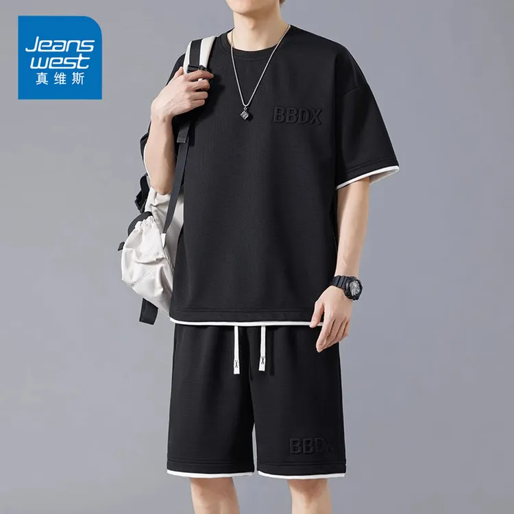Jeanswest/真维斯男士运动休闲套装夏季薄款宽松运动假两件衣服男