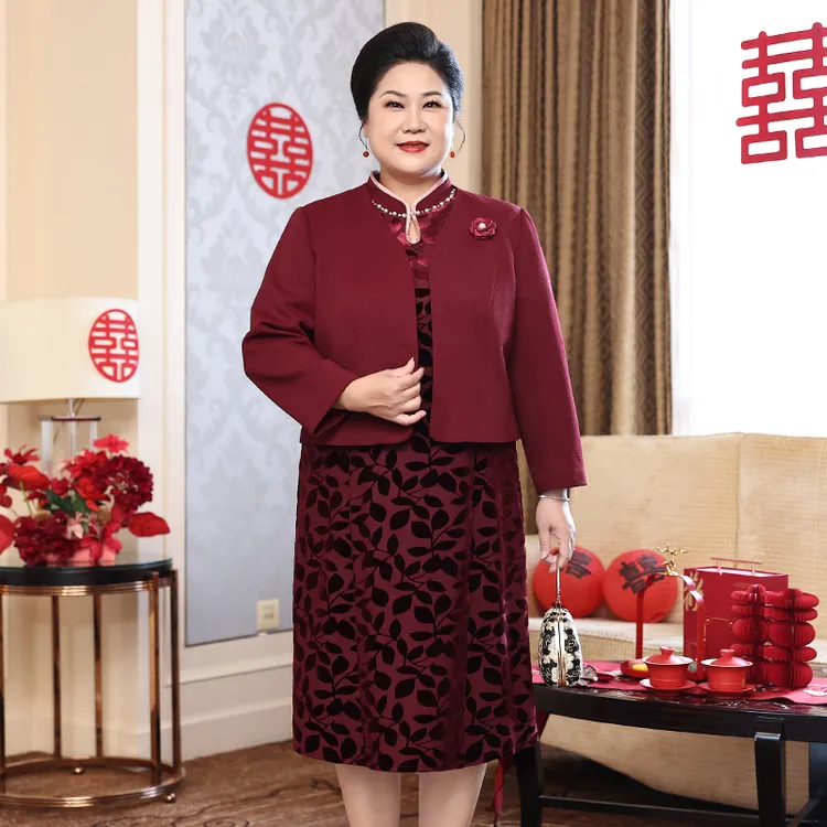 大码妈妈婆婆新款秋冬连衣裙高档宴会礼服高贵时尚裙子套装