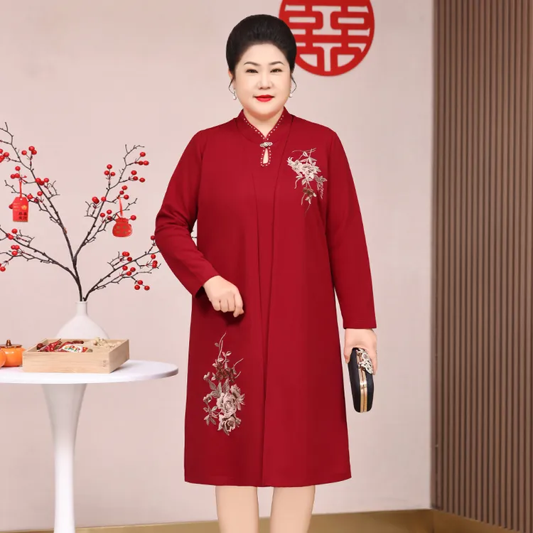 本命年气质连衣裙春装新款红色妈妈裙子套装裙大码女装喜服婚宴装