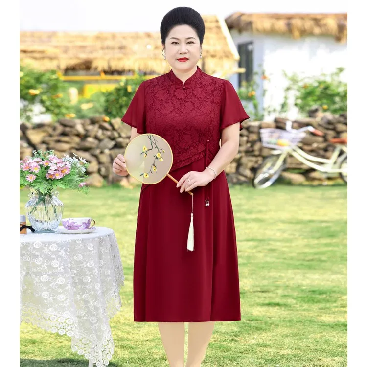菲姐大码妈妈夏装新款宽松连衣裙高档喜庆红色大码中老年女装