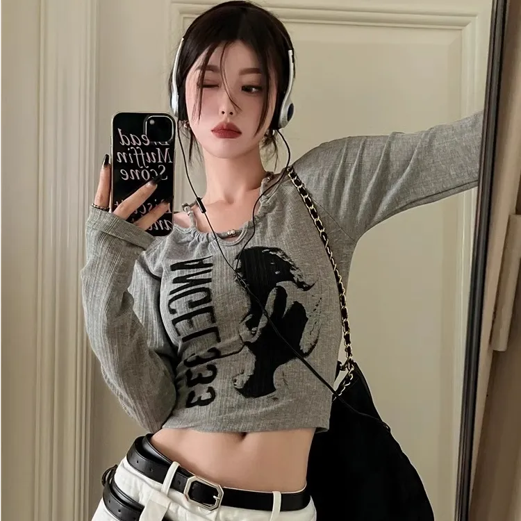 复古法式欧美热辣短款长袖舞蹈jazz上衣修身上衣甜辣春游出行衣服