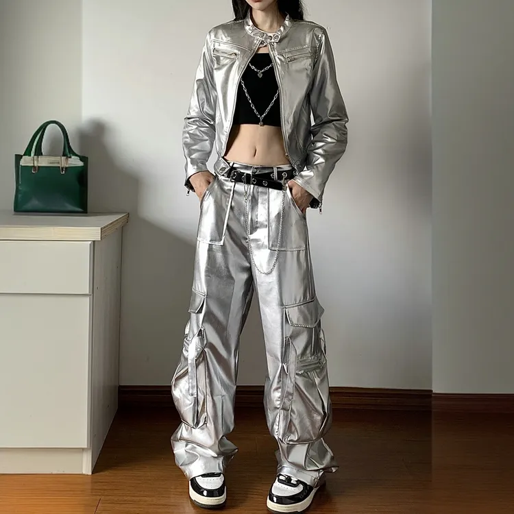 女团舞台演出服爵士舞蹈银色工装裤套装开场舞kpop机车风年会服装