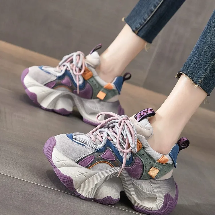 真皮复古厚底老爹鞋女2024秋冬新款港风小个子增高ins拼色运动鞋