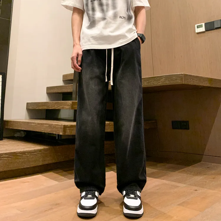 【古克】潮流牛仔裤男黑色春秋美式阔腿裤百搭ins高街休闲直筒长裤