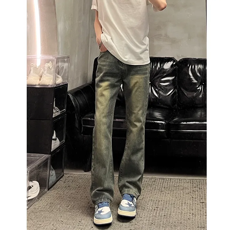 【古克】美式复古vibe裤子高街水洗深蓝色牛仔裤男修身直筒微喇裤潮