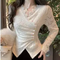 气质蕾丝加绒V领褶皱修身显瘦气质设计感纯欲长袖打底内搭上衣女