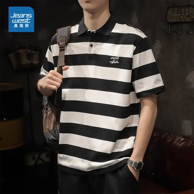 Jeanswest/真维斯美式黑白条纹短袖T恤POLO衫男士夏季翻领上衣服