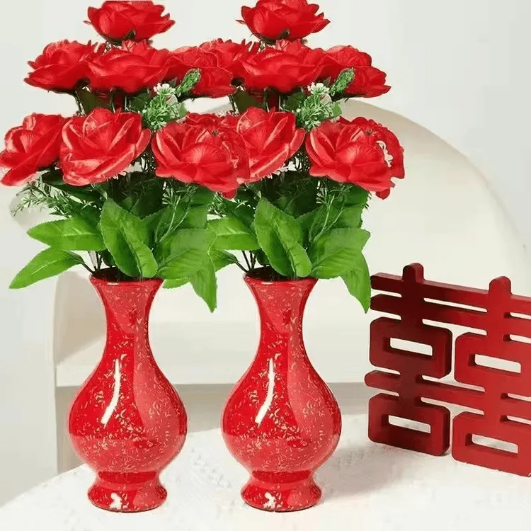 【一对装】送玫瑰花  中国红陶瓷花瓶结婚喜庆新年乔迁客厅花瓶摆件