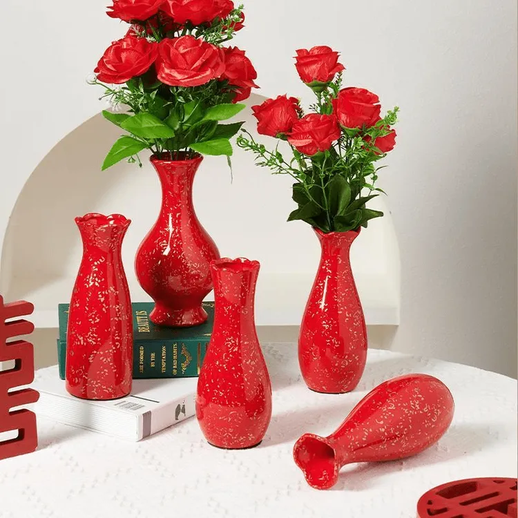 春节陶瓷花瓶摆件结婚喜庆红色花瓶客厅婚房卧室插花水培简约玄关