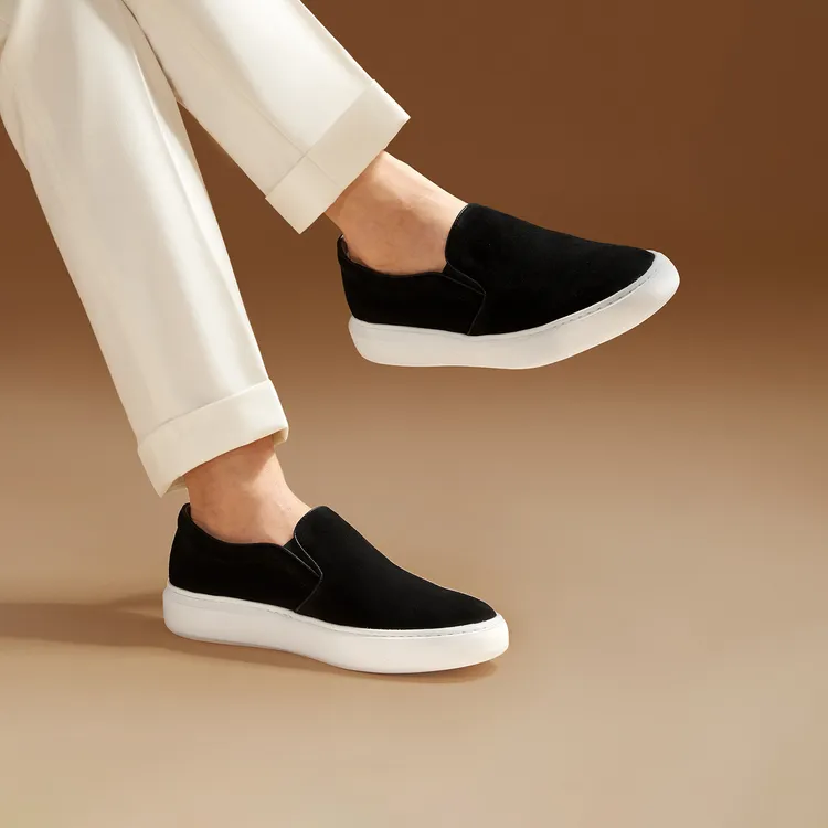 ThomWills一脚蹬男鞋翻毛皮鞋套脚懒人休闲鞋黑色板鞋男真皮夏季