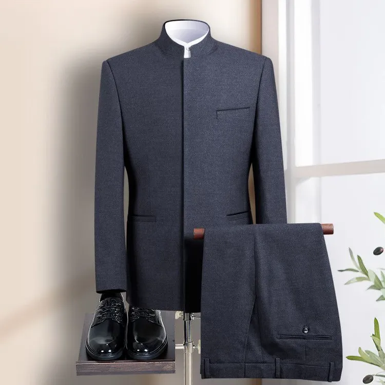 2026年秋冬季新款男士修身中山装 韩版微弹纯色中式立领西服套装