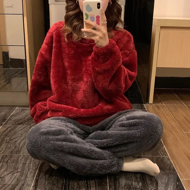 2025年新款珊瑚绒睡衣女秋冬季加绒加厚法兰绒纯色家居服套装大码