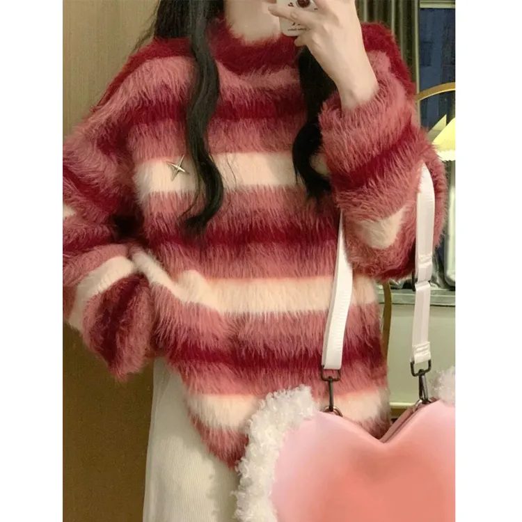红色条纹绣花长绒软糯仿貂毛套头毛衣慵懒爱心胸针针织衫加厚上衣