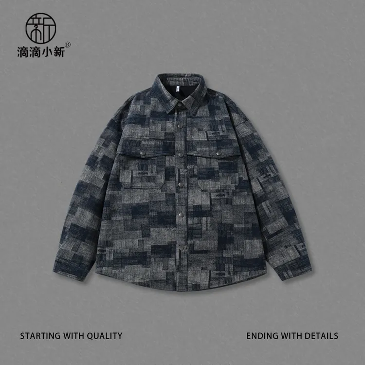滴滴小新-春季拔印格纹牛仔外套翻领复古休闲衬衣迷彩夹克TG3039