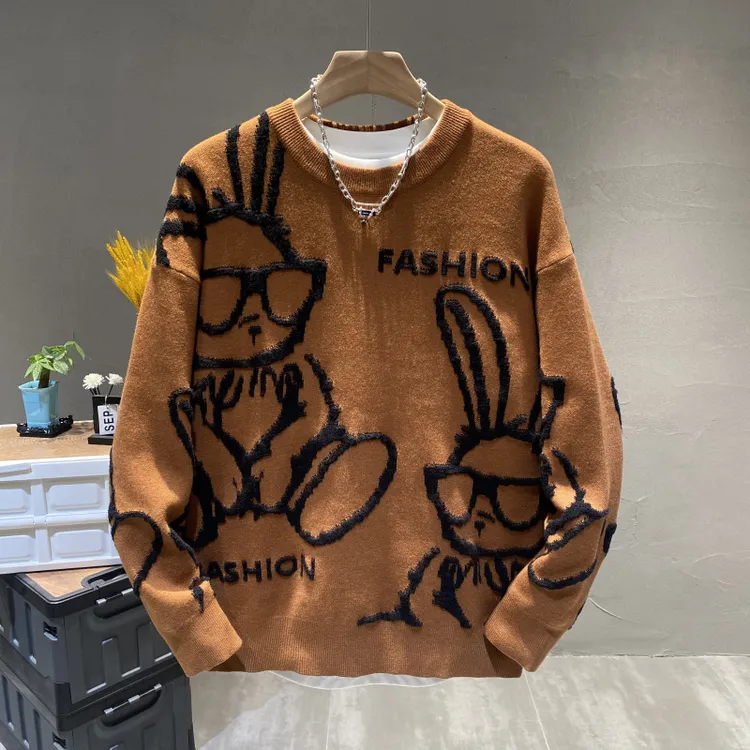 潮牌卡通兔子针织衫毛衣男女秋冬新款潮流时尚宽松休闲情侣款线衣