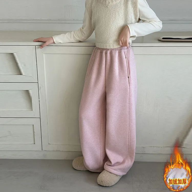 女童休闲加绒裤2024冬季新款儿童时尚加厚保暖6-12岁女孩糯米直筒