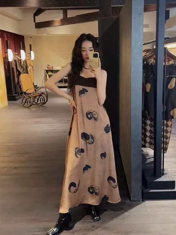 三吉黑花【素年锦时】中式拼接长款吊带裙