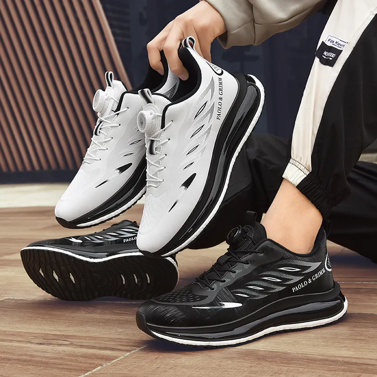 秋冬新款男女休闲运动跑步鞋旋转扣皮面防水防滑气垫减震耐磨