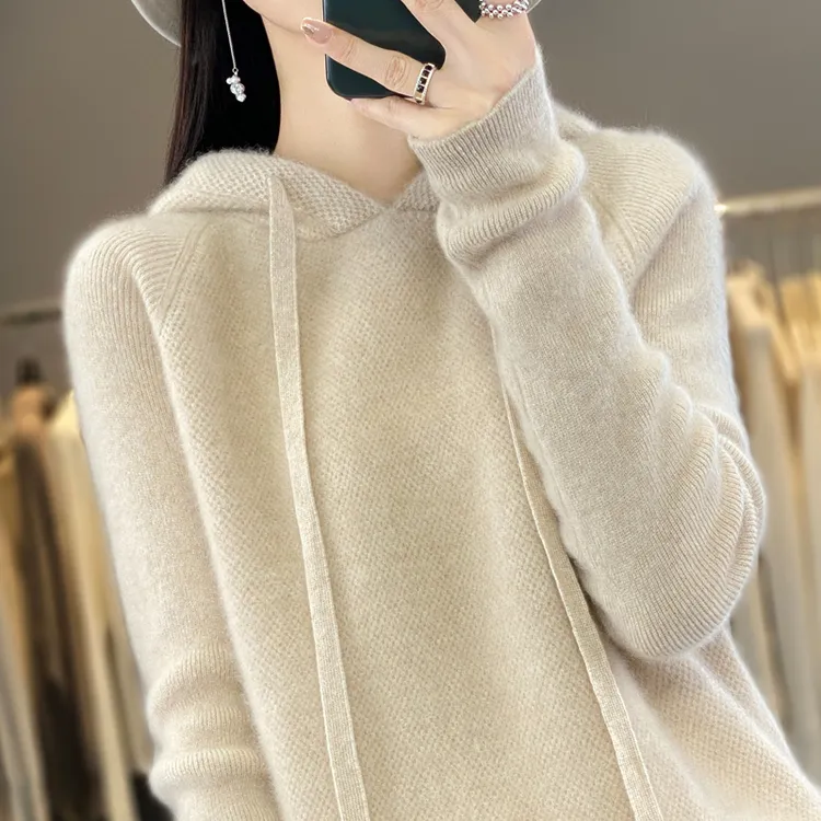 纯100羊毛衫连帽卫衣打底衫女2025春秋大码女装秋冬新款针织毛衣