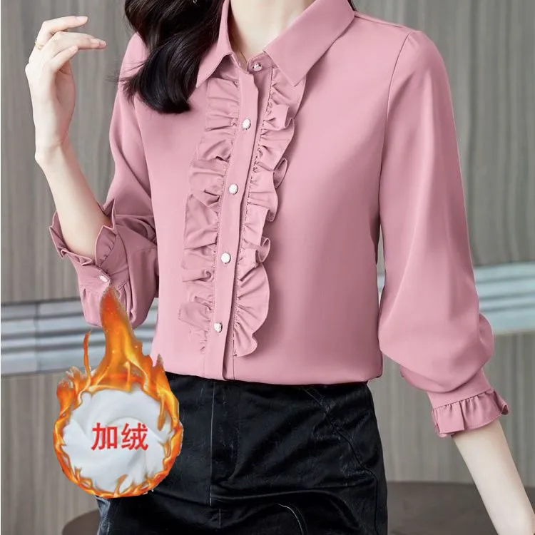 银狐绒加绒加厚秋冬新款纯色木耳韩版长袖衬衫女时尚高档女士百搭