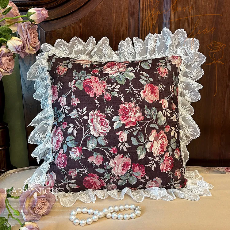 高级感蔷薇花抱枕靠垫沙发家居造型枕刺绣花边轻法式靠背枕多用枕