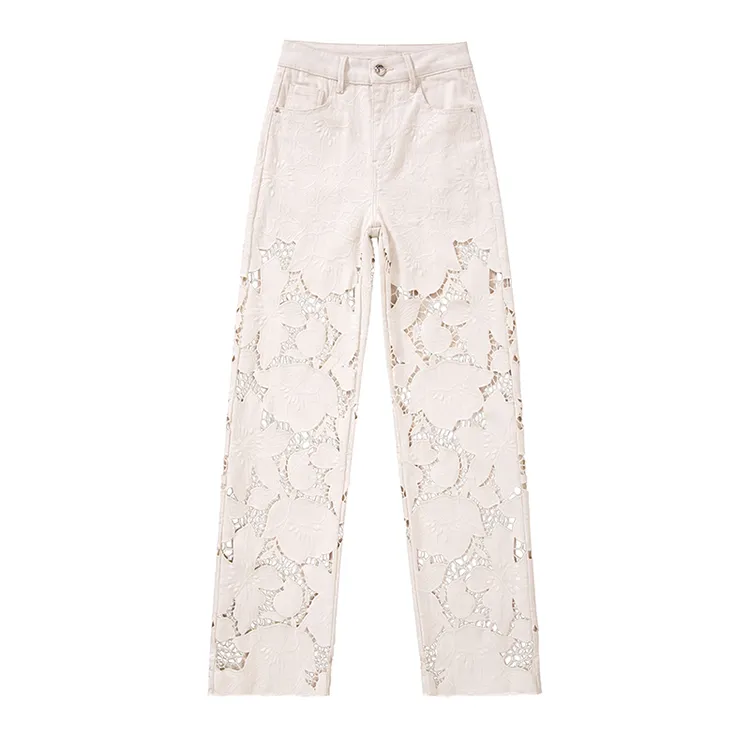 【安哥】夏季新款时尚重工米白色杏色镂空绣高腰显示阔腿牛仔8828