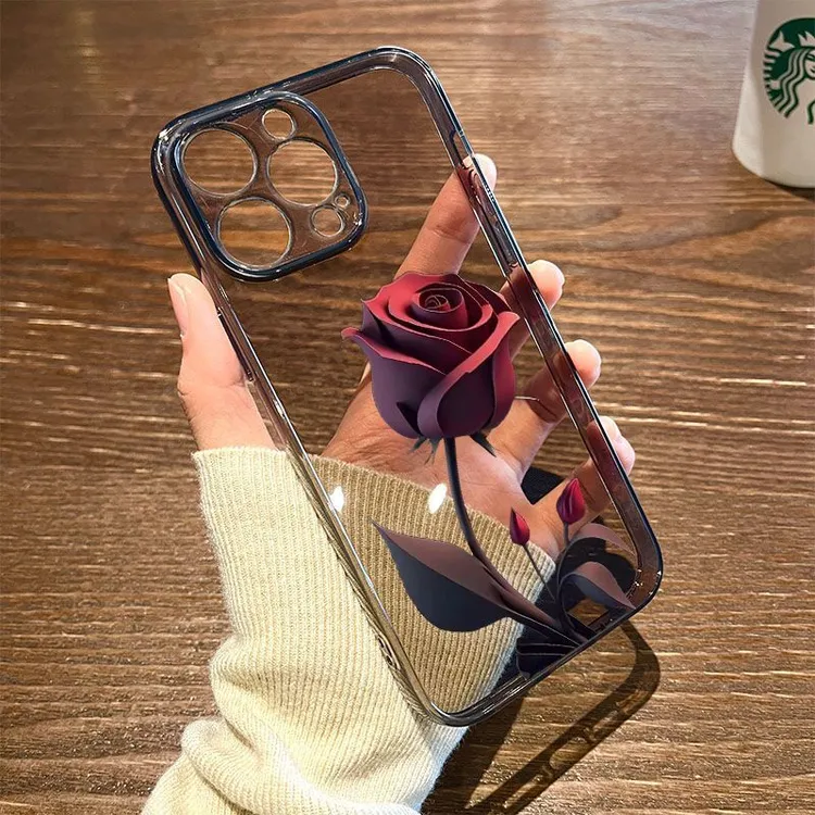 玫瑰花苹果17手机壳iPhone15pro简约12高级13全包透明xsmax防摔xr
