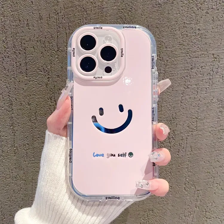 粉色镜面奶油壳适用苹果15promax手机壳笑脸iPhone14ProM16ProMax