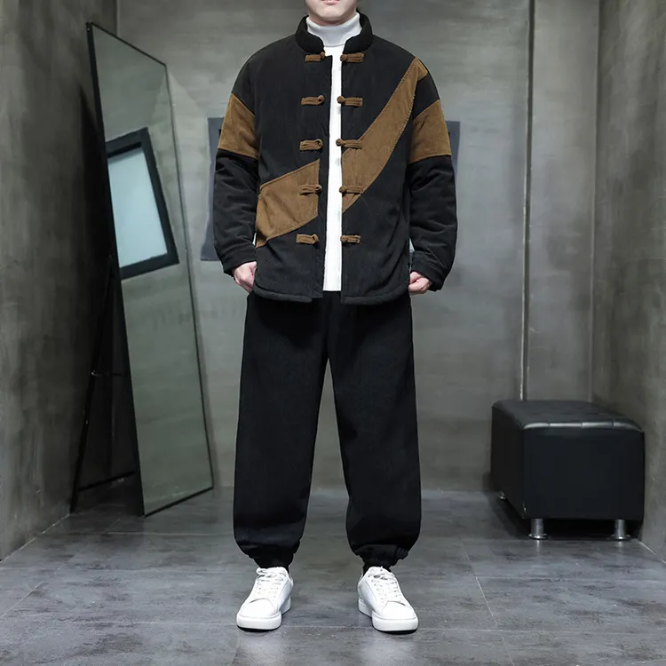 中国风灯芯绒棉衣男装加绒加厚套装新中式唐装保暖棉服棉袄两件套