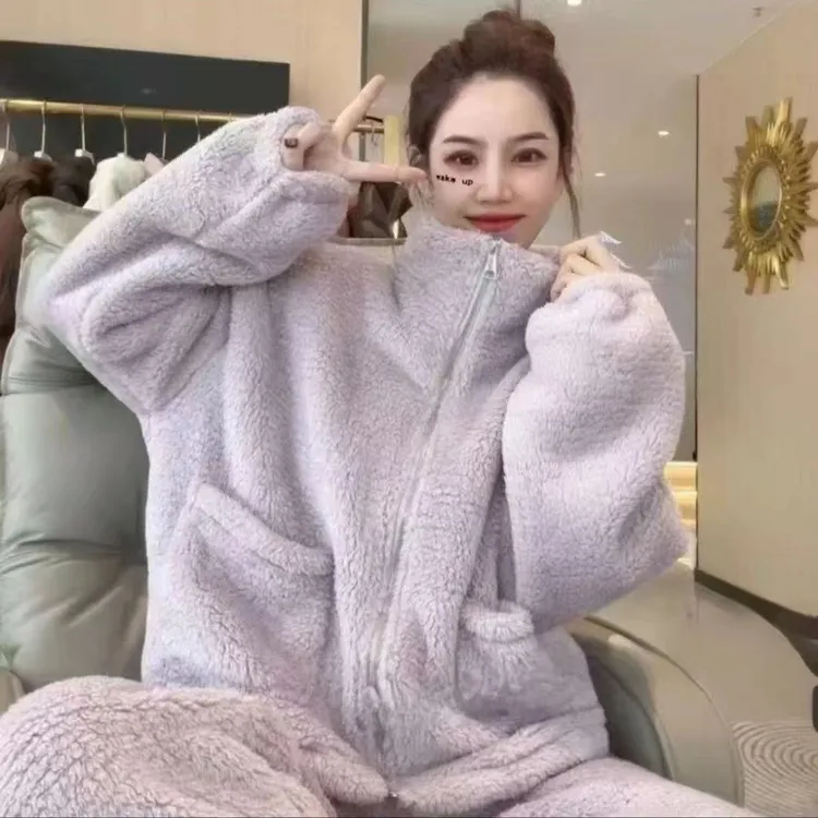 睡衣女冬季加绒保暖拉链设计感外穿家居服宽松休闲两件套-7