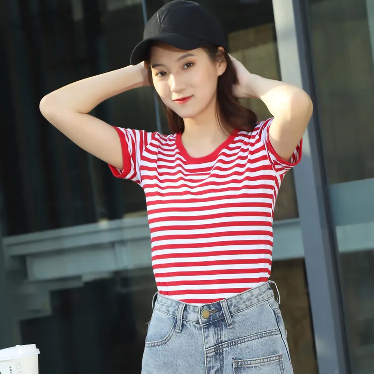 海魂衫女短袖纯棉夏季半袖圆领海军蓝条纹t恤水手服学院风情侣装