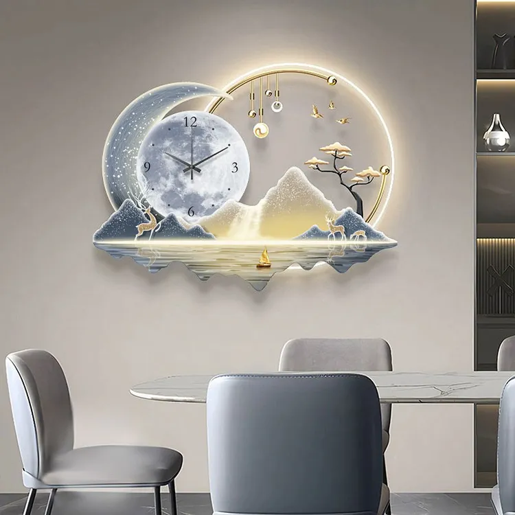 【山间明月】现代轻奢餐厅装饰画大气山水钟表挂画高级感饭厅壁画