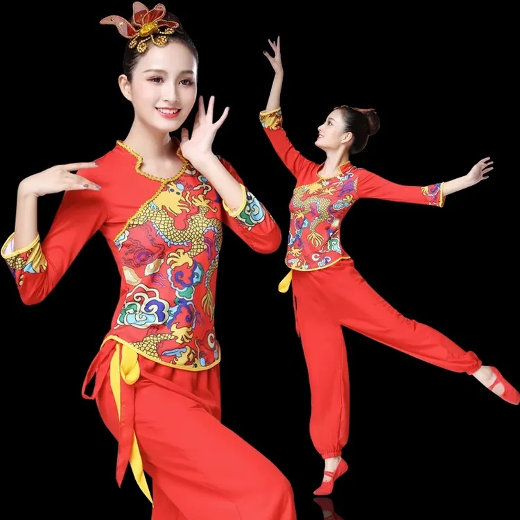 早春新款红色喜庆秧歌舞蹈服民族腰鼓舞演出服广场舞中老年舞台装