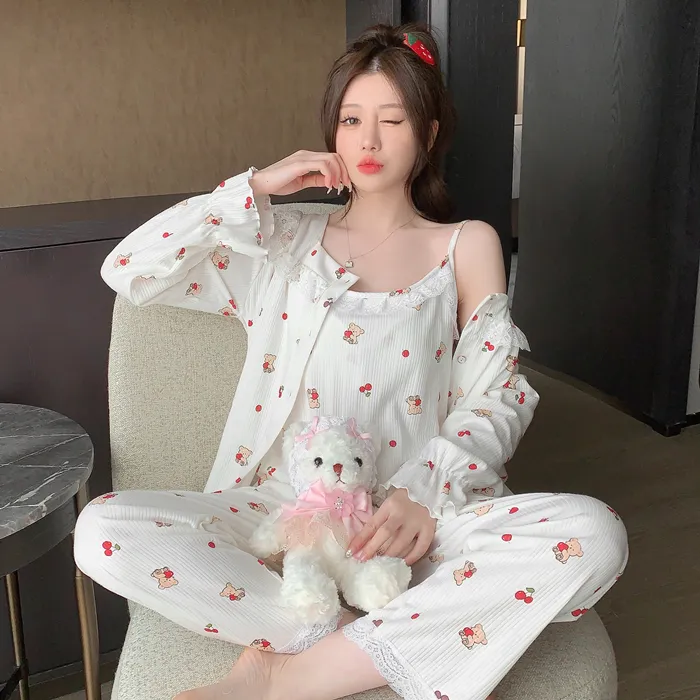 带胸垫睡衣女春秋季性感吊带长袖长裤棉质三件套甜美公主风家居服
