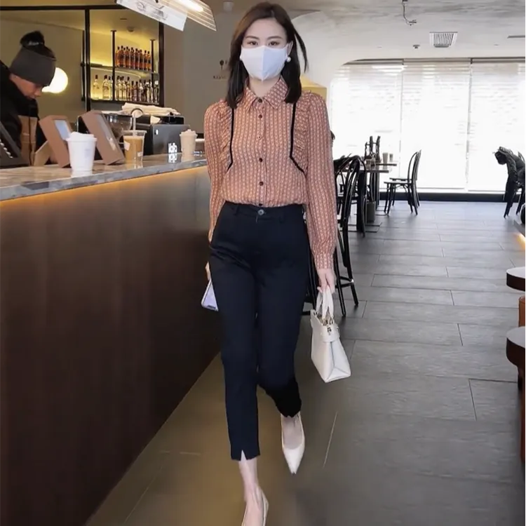 高级洋气印花雪纺女长袖衬衫2025秋季新款显瘦高档上衣百搭衬衣