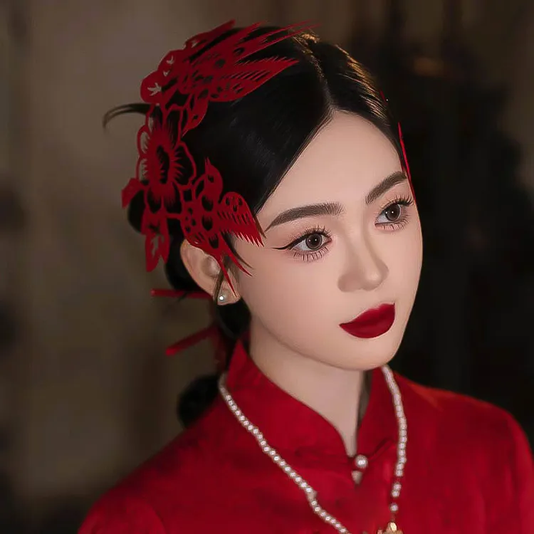 新中式头饰非遗红色喜鹊花朵剪纸晨袍配饰新娘高级秀禾服旗袍发饰