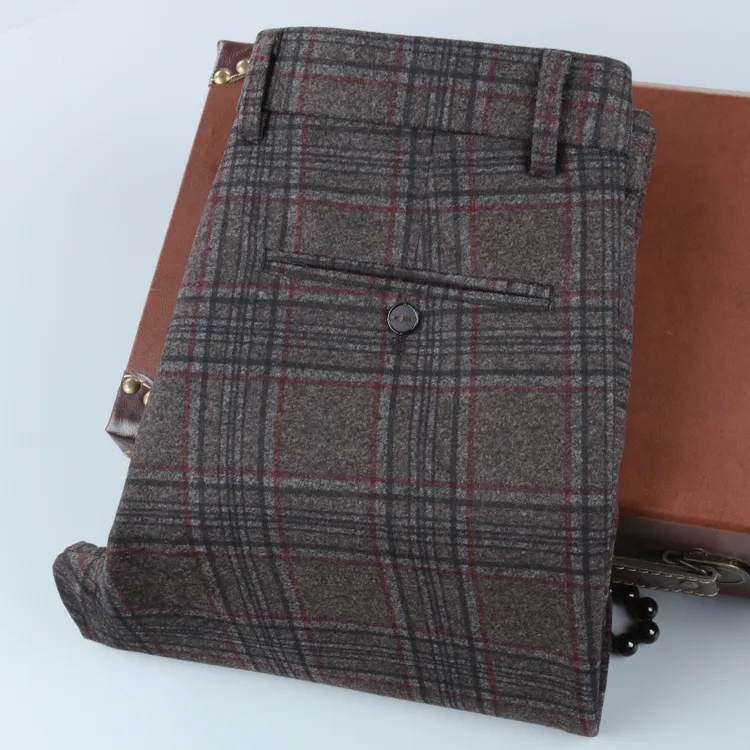 晴旭冬季厚款男士休闲裤修身直筒时尚英伦男裤青中年毛呢格子裤男