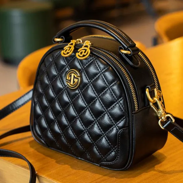 戈兰黛真皮牛皮女包2024新款菱格小圆包百搭小香风宽带斜挎苹果包