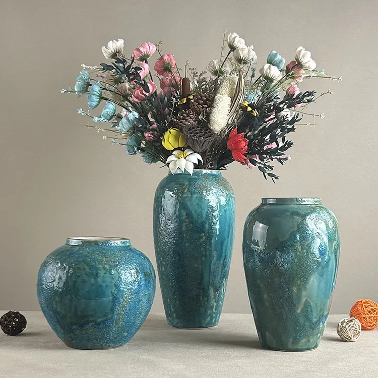 复古田园侘寂风插鲜花粗陶陶瓷花瓶台面插花手工民宿酒店禅意装饰