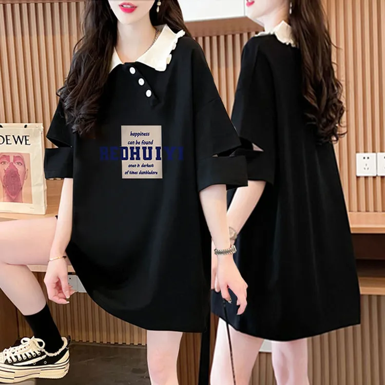 设计感显瘦纯棉Polo领短袖T恤女夏季新款韩版大码网红中长款上衣