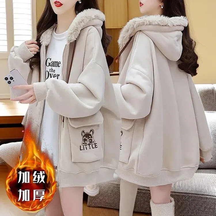 加绒加厚连帽卫衣开衫外套女冬季韩版宽松洋气中长款大码保暖上衣
