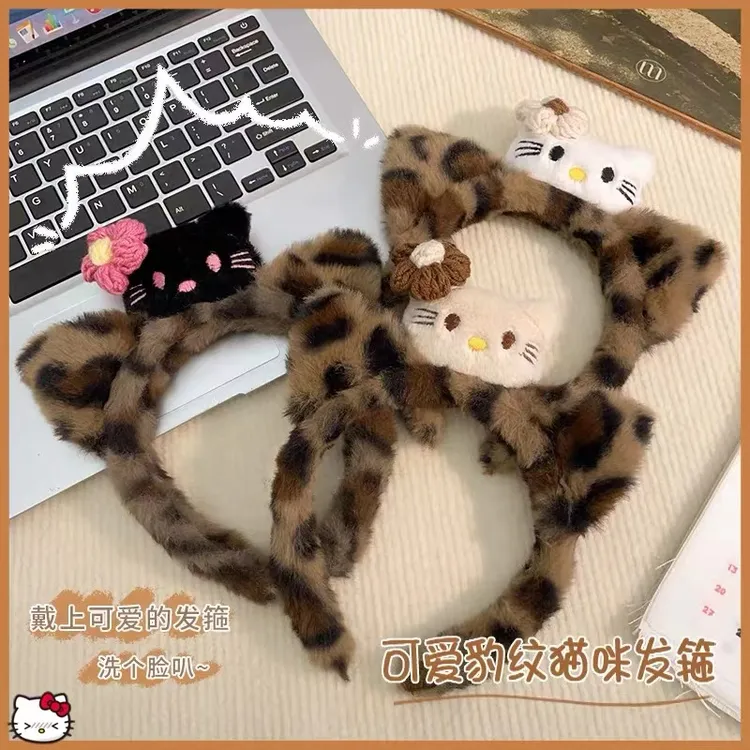 可爱豹纹小猫花朵发箍新款洗脸专用秋冬毛绒绒少女居家洗漱发饰