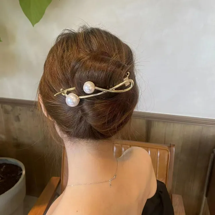 法式双扣珍珠扭扭不规则一字夹可调节大小后脑勺盘发精致优雅发夹