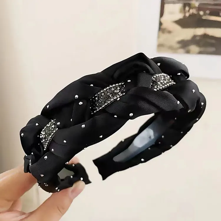 非金属布艺发饰 黑色波点满天星麻花编织发箍高级感轻奢宽边发箍